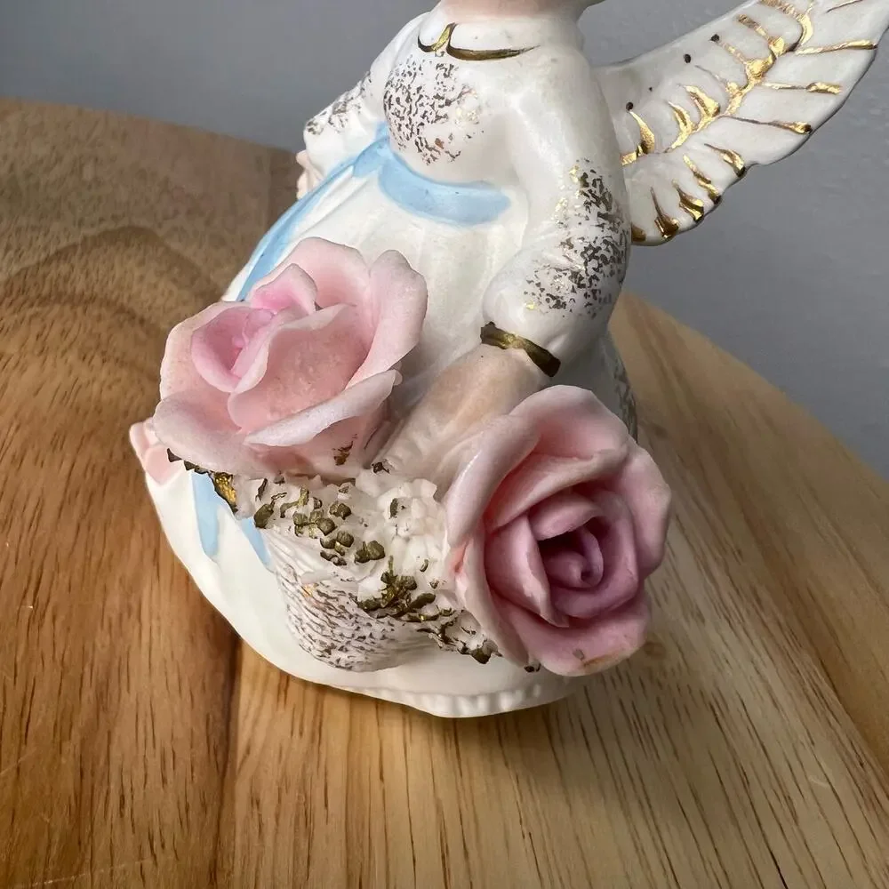 Vintage Lefton June Birthday Angel Blue Sash Pink Flowers Porcelain 3332